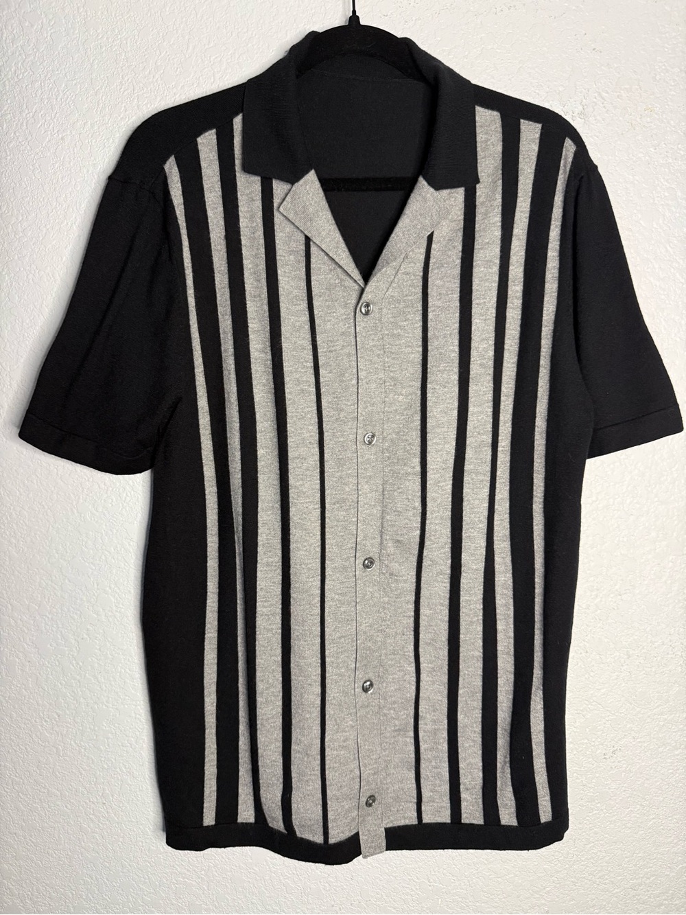 Express Black and Gray Vertical Stripe Camp Shirt